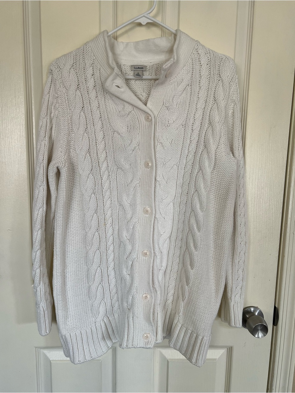 L.L.Bean 100% Cotton Cable Knit Cardigan L Cream Fisherman Sweater